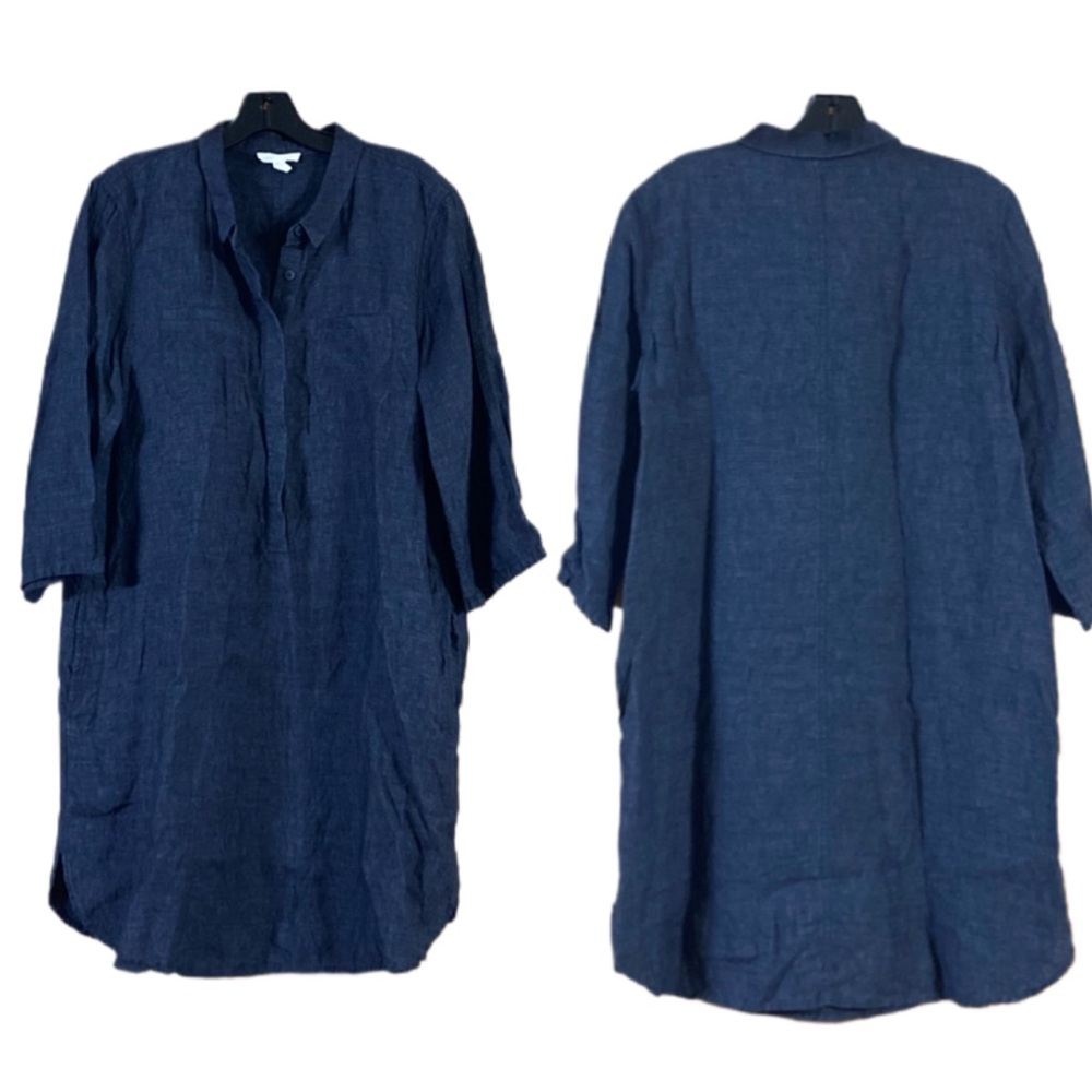 Eileen Fisher 100% Linen Popover Shirtdress Tunic Gray 3/4 Sleeves Pockets Med